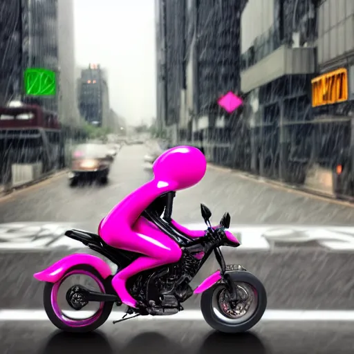 Image similar to hyper realistic, photo, humanoid pink female Squid girl, popping motorcycle wheelie on fast in the rainy city traffic