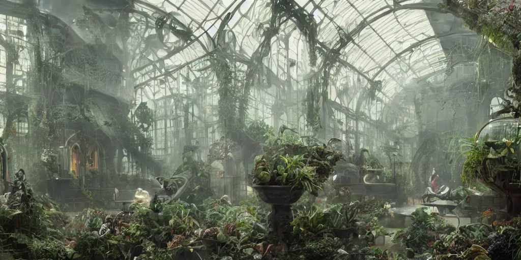 Prompt: octane render, ultra photorealistic, hyper detailed, unreal engine, a breathtaking sci - fi gothic victorian greenhouse terrarium with amber liquid containers perserving human bodies. artwork by guillermo del toro, james cameron, greg rutkowski, alphonse mucha, james gurney inspired by blade runner 2 0 4 9