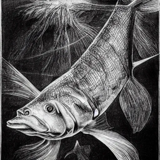 Image similar to little fish, big fish, swimming in the water come back here, man, gimme my daughter, ink drawing of by hieronymus bosch hyper realistic, dark fantasy detailed, high definition insanely detailed, bitter super - resolution microscopy dark lighting, x - ray black and white