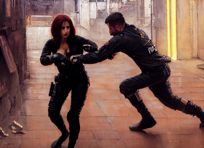 Image similar to Maria fights sgt Nash. Cyberpunk hacker in orange jumpsuit fighting menacing police troopers (blade runner 2049). beautiful face. kickboxing. Orientalist portrait by john william waterhouse and James Gurney and Theodore Ralli and Nasreddine Dinet, oil on canvas. Cinematic, hyper realism, realistic proportions, dramatic lighting, high detail 4k
