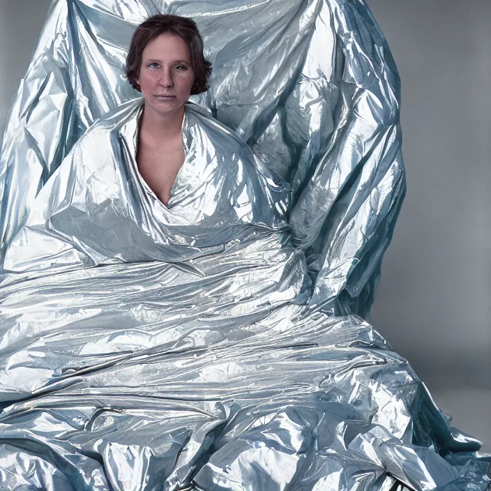 Prompt: a color photograph, closeup portrait of a woman wrapped in mylar foil blanket, sitting on a throne in badlands national park in south dakota, color photograph, by vincent desiderio, canon eos c 3 0 0, ƒ 1. 8, 3 5 mm, 8 k, medium - format print