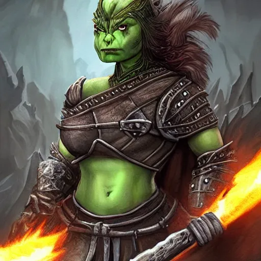 Image similar to thorkana orc woman with human features in her 5 0's, legendary soldier, high rank, mother of two boys, loving, happy, fierce, symmetrical face, green skin, dark hair with some grey, giant axe on her back, chest up portrait, dungeon's and dragon's, dark souls boss