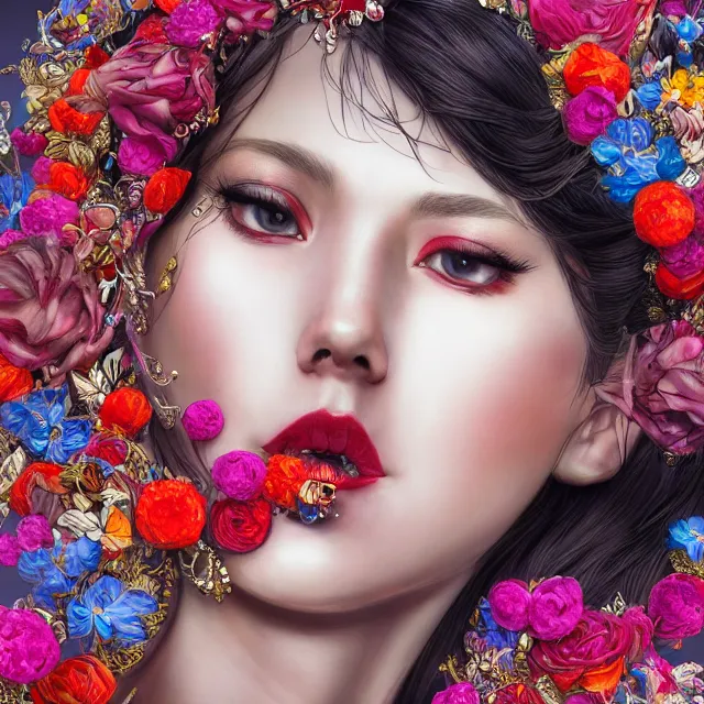 Image similar to studio portrait absurdly beautiful, elegant, lovely, young hypercolorful sensual gravure idol rubies red petals gems, ultrafine hyperrealistic detailed face illustration by kim jung gi, irakli nadar, intricate linework, sharp focus, bright colors, matte, octopath traveler, final fantasy, unreal engine highly rendered, global illumination, radiant light, intricate rainbow environment