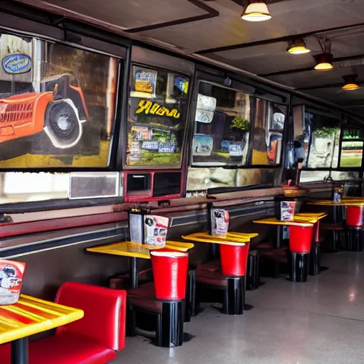 Prompt: trucks eating at a truck stop restaurant, photography, diner, food,