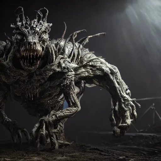 Prompt: full body pose, hyperrealistic photograph of a vile nightmare creature in the darkness, dim volumetric lighting, 8 k, octane beautifully detailed render, extremely hyper detailed, intricate, epic composition, cinematic lighting, masterpiece, trending on artstation, very very detailed, stunning, hdr, smooth, sharp focus, high resolution, award, winning photo, dslr, 5 0 mm