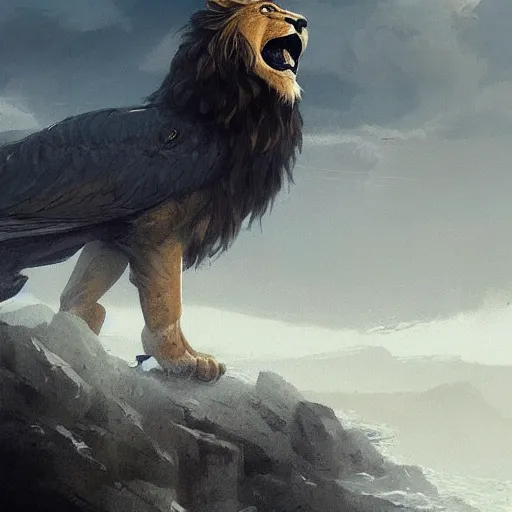 Image similar to A lion with eagle wings coming out of the sea , digital Art, Greg rutkowski, Trending artstation, cinematographic, hyperrealistic