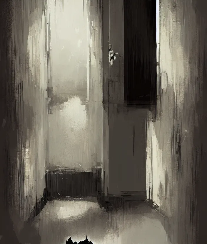 Prompt: a door at the end of a long dark staircase leading down and a dark corridor by pascal campion, trending on artstation „