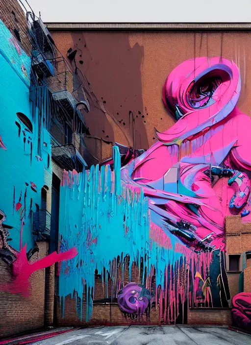 Image similar to matte painting extreme offset 3 d calligraphy graffiti mural dripping paint wall extreme maximalism by artur bordalo, by atey ghailan, by greg rutkowski, by greg tocchini, by james gilliard, by joe fenton, pink, brown, black and light blue color scheme, octane render