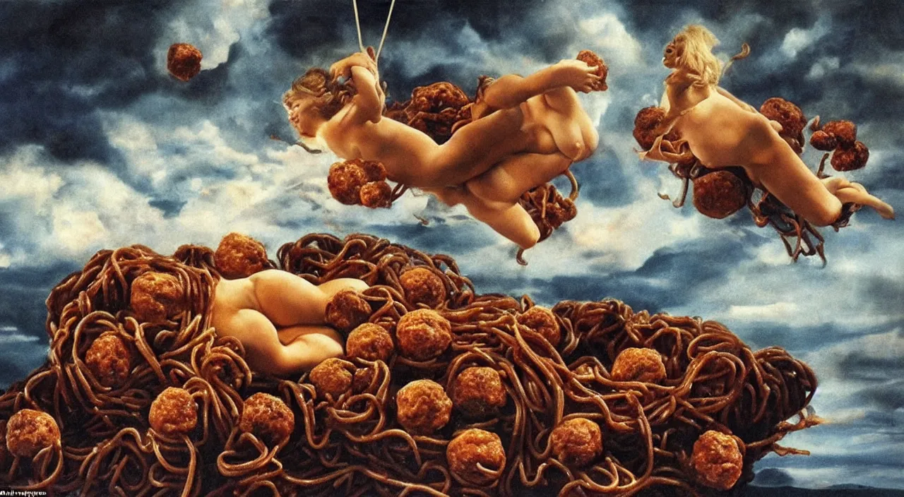 Image similar to 3 0 perfect woman bodies flying inside spaghetti bolognesa with meatballs and hundred rusted perfect woman bodies flying in stormy clouds by dali, hyper - realism