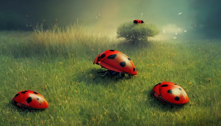 Image similar to a lovely ladybug resting inside big wet flower on a summer meadow, by ilya kuvshinov, rtx rendering, octane render 1 2 8 k, maya, extreme high intricate details by tom bagshaw, medium shot, close up shot, composition by sana takeda, lighting by greg rutkowski