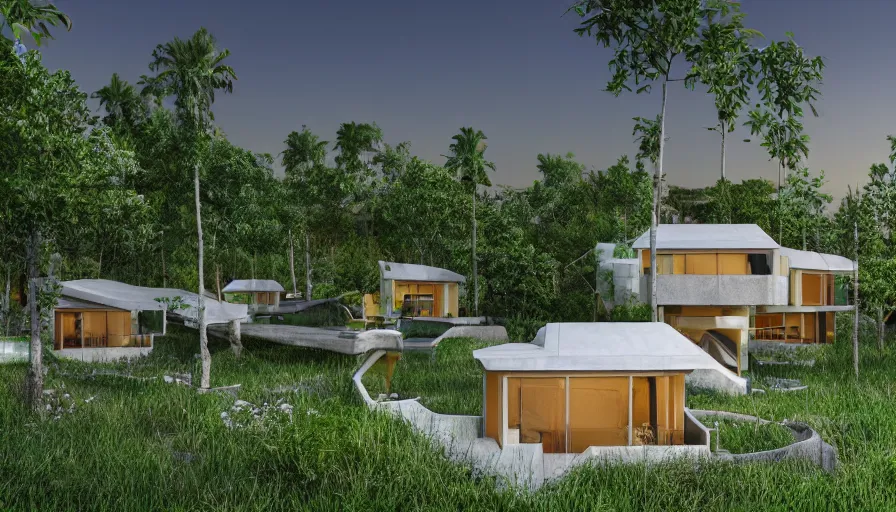 Image similar to An architectural rending of an eco-community neighborhood of innovative contemporary 3D printed sea ranch style cabins with rounded corners and angles, beveled edges, made of cement and concrete, organic architecture, in a lush green eco community with side walks, parks and public space , Designed by Gucci and Wes Anderson, golden hour