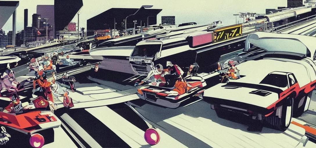 Image similar to a bosozoku truck speeding down a futuristic motorway, style of syd mead