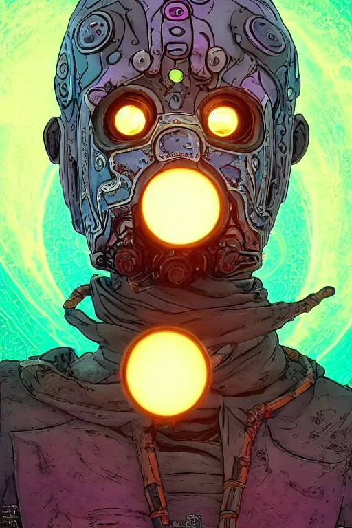 Image similar to tribal vodoo mask eye radiating a glowing aura global illumination ray tracing hdr fanart arstation by ian pesty and katarzyna da „ bek - chmiel that looks like it is from borderlands and by feng zhu and loish and laurie greasley, victo ngai, andreas rocha, john harris wooly hair cut feather stone