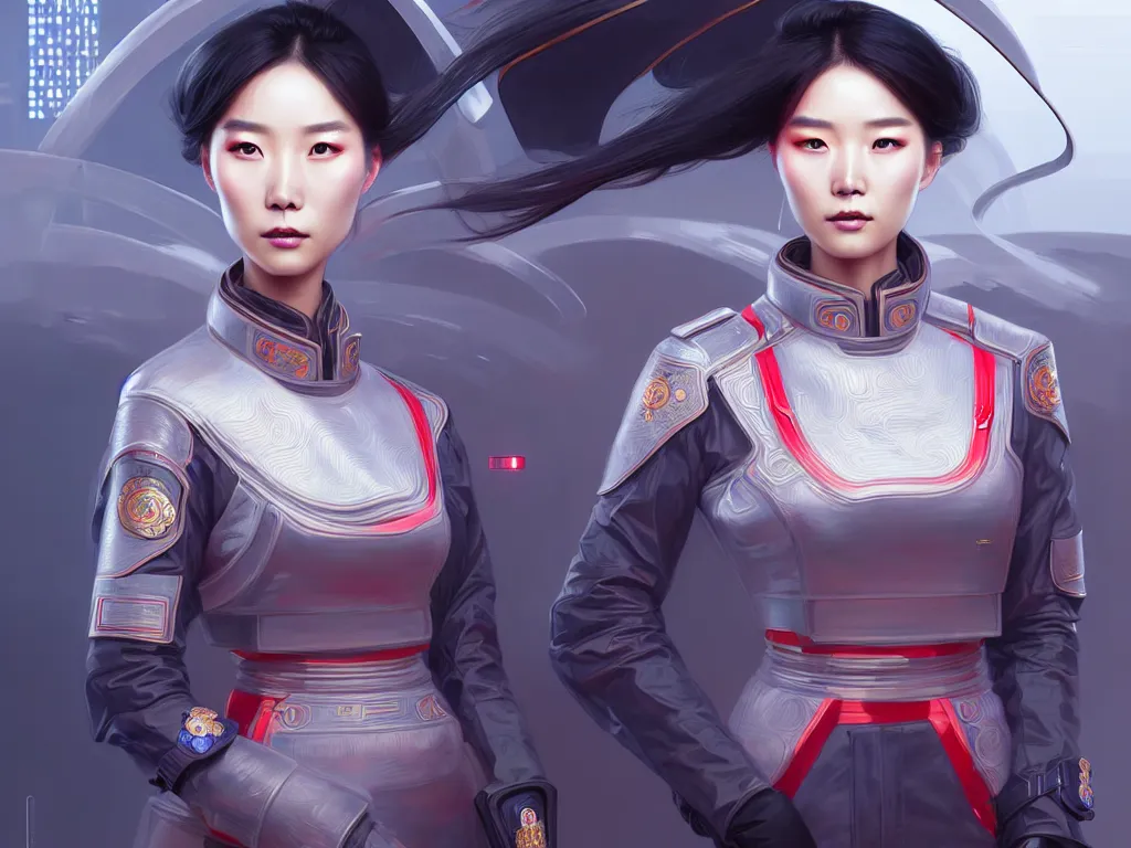 Image similar to portrait futuristic china police uniform female, at future neon light rooftop, ssci - fi and fantasy, intricate and very very beautiful and elegant, highly detailed, digital painting, artstation, concept art, smooth and sharp focus, illustration, art by tan zi and ayanamikodon and alphonse mucha and wlop