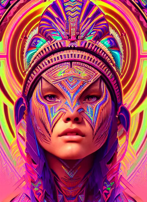 Prompt: hyper detailed ultra sharp of a beautiful tribal aztec trance girl. trending on artstation, warpaint aesthetic, earthwave, colorful, psychedelic, ornate, intricate, digital painting, concept art, smooth, sharp focus, illustration, art by artgerm and greg rutkowski and alphonse mucha, 8 k