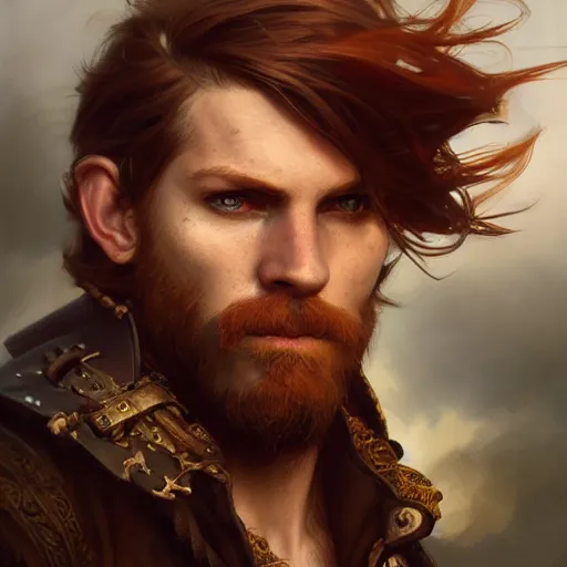 Image similar to portrait of a young pirate, male, rugged, masculine, handsome, upper body, red hair, long hair, D&D, fantasy, intricate, elegant, highly detailed, cinematic lighting, digital painting, artstation, concept art, cutscene, sharp focus, illustration, art by Artgerm and Greg Rutkowski and Alphonse Mucha