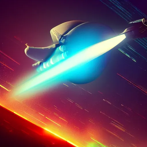 Image similar to rocket ship in space running into a comet, photo realistic, 8k, artstation, Blade runner, neon signs in the distance, dark, cinematic, high contrast, epic