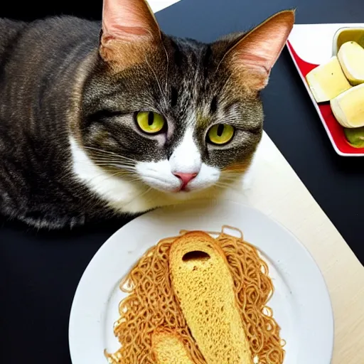 Image similar to obese cat sitting next to a slice of toast with indomie mi goreng noodles on top