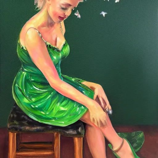 Image similar to Tinkerbell drinking coffee in short green dress with tattered hem, bare feet, hungover, detailed oil painting by Jasmine Beckett-Griffith