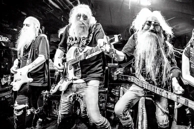 Image similar to energetic photo of a punk band performing live at CBGB with Gandalf as their lead singer