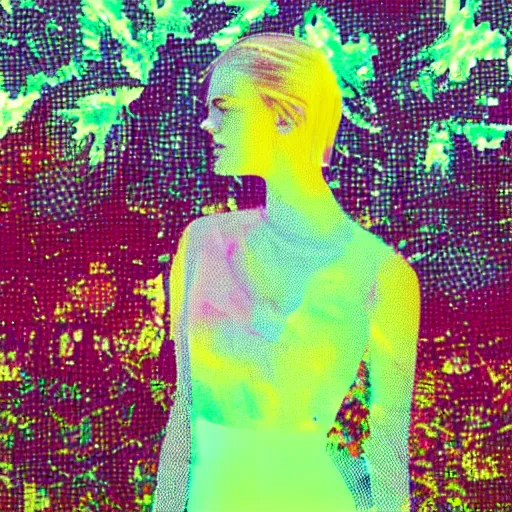 Image similar to Elle Fanning in a garden, VHS glitch art, neon like art