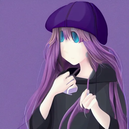 Prompt: Beautiful Digital illustration of long purple haired anime girl with black hoodie and enderman hat