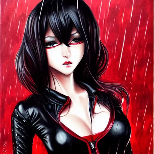 Image similar to beautiful seductive female in black leather skin tight clothes, in the rain in paris, highly detailed, painting, dark red and black color palette, intricate, high quality, anime artstyle, in the style of sana takeda
