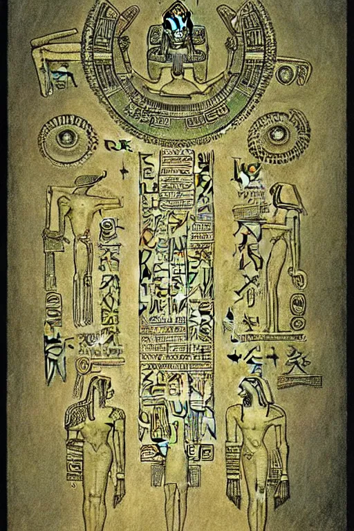 Image similar to occult diagram of mayan and egyptian art by wayne barlowe, gustav moreau, goward,  Gaston Bussiere and roberto ferri, santiago caruso, and austin osman spare, ((((occult art))))