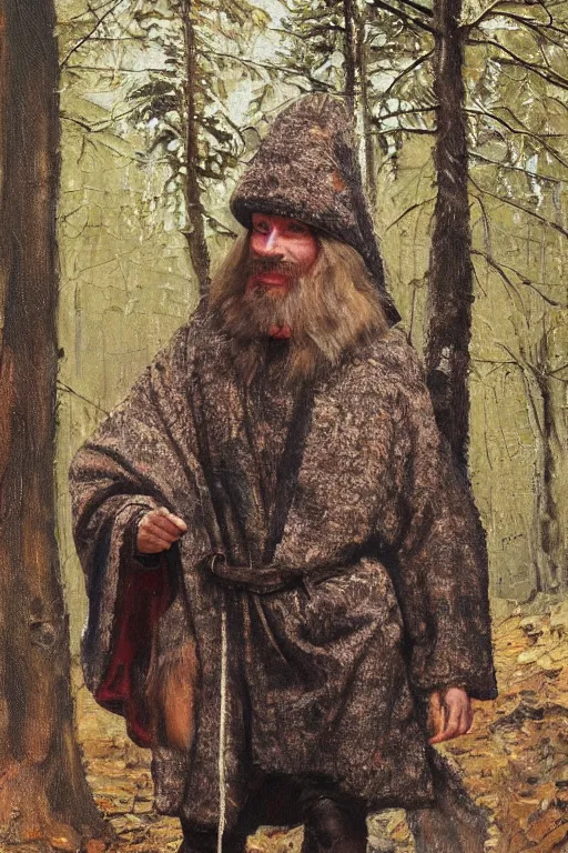 Image similar to Slavic dog head man, woolen torso in medieval clothes, walking in the forest, Orthodox Saint Christopher, oil painting, painting by Viktor Vasnetsov, concept art, hyperrealism, beautiful, high resolution, trending on artstation,