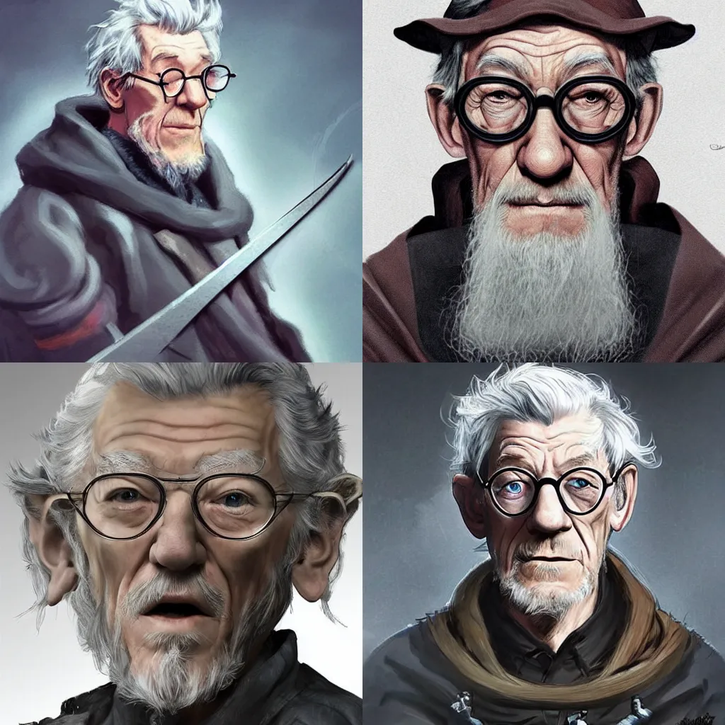 Prompt: Ian McKellen with grey goatee and scissors glasses, as a frightened alchemist, highly detailed, dramatic, fantasy concept art by terry wei, trending on Artstation, Pinterest