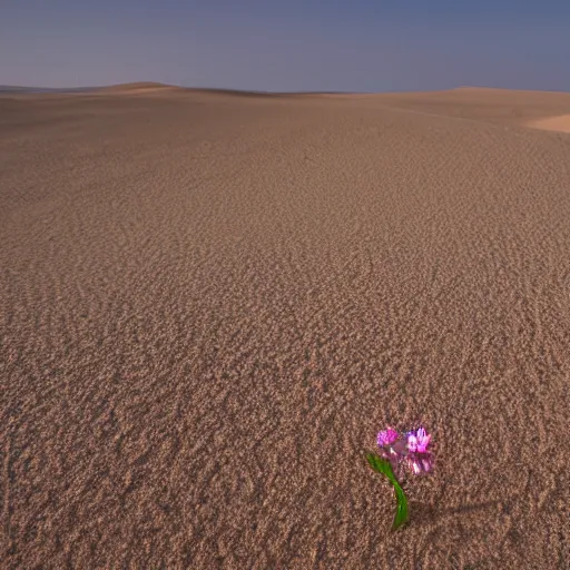 Image similar to a single small pretty flower blooms in the middle of a bleak arid empty desert, sand dunes