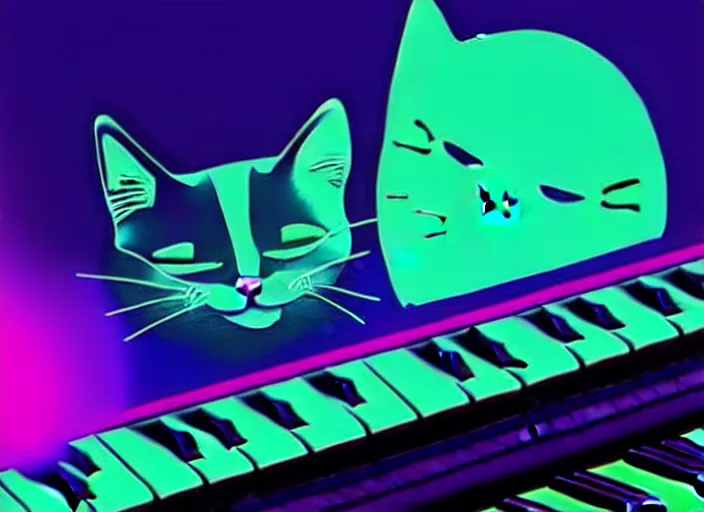 Image similar to cat [ playing a piano ], [ synthwave art style ]!!, trending on cgsociety, neon art style, [ bioluminescent colors ]!!, 4 k surrealism