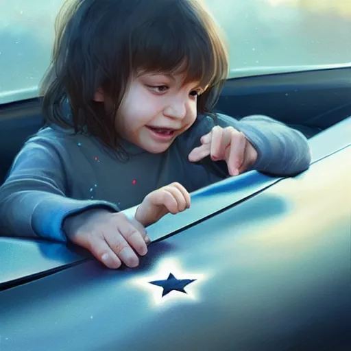 Image similar to ultra - close - up of child's hand attaching a star - shaped sticker to the surface of a car, digital art by ruan jia and mandy jurgens and artgerm, highly detailed, trending on artstation, award winning