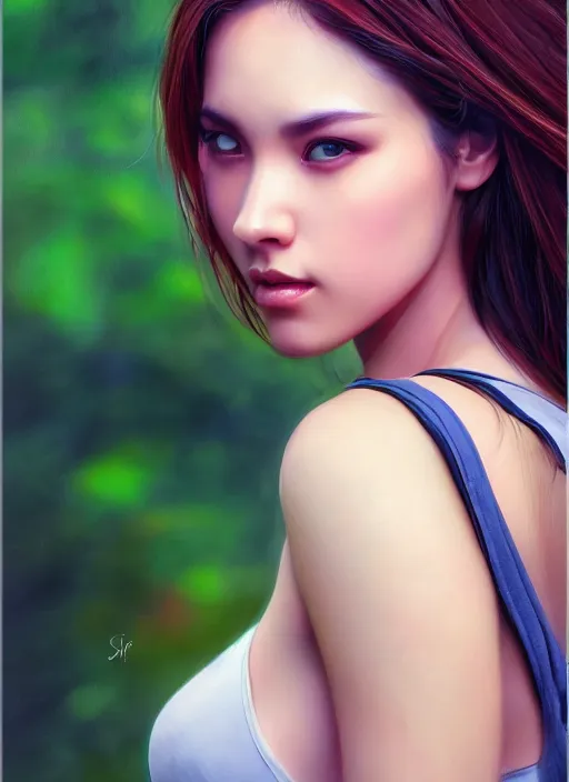 Image similar to photo of a gorgeous female in the style of stefan kostic, realistic, professionally, professionally color graded, half body shot, sharp focus, 8 k high definition, insanely detailed, intricate, elegant, art by stanley lau and artgerm, bokeh foliage