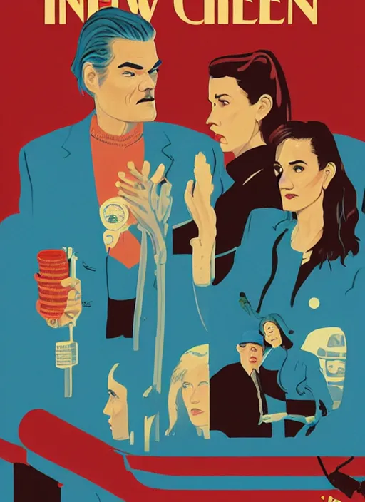 Prompt: Twin Peaks art, of Michael Shannon dressed as mechanic talking to Jennifer Connelly wearing light blue diner waitress dress, poster artwork by Sam Weber, Laurent Durieux, Katherine Lam from scene from Twin Peaks, from scene from Twin Peaks, clean, New Yorker magazine cover