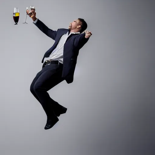 Image similar to an elgant detailed portrait of a man boisterously dancing around the room by himself holding an empty wine bottle as he jumps in the air, striking artistic concept, detailed facial expression, fine detail, dramatic lighting, award-winning photo UHD, 4K