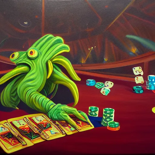 Image similar to oil painting of cthulhu playing in a casino, masterpiece