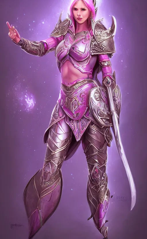 Image similar to a full body portrait of an elven woman with pink skin, and armor fit for a queen, wearing purple headphones, and smiling, dynamic lighting, photorealistic fantasy concept art, trending on art station, stunning visuals, creative, cinematic, ultra detailed