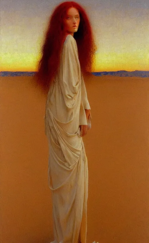 Prompt: portrait of a girl with long red hair, very beautiful style, girl, in gold suit, her in white suit blonde, desert, dunes, photorealism, sunset, edgard maxence,