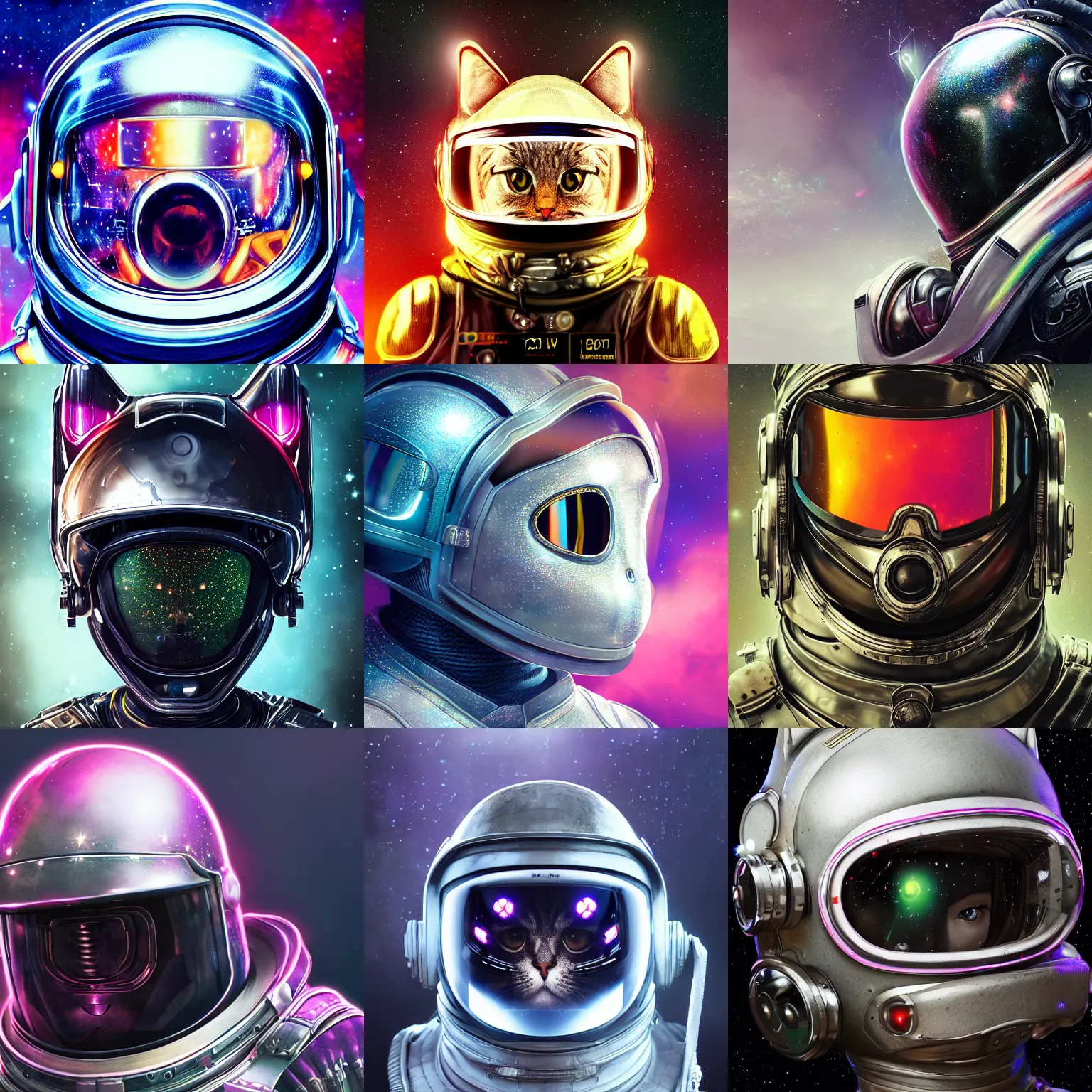 Prompt: portrait art of 8k ultra realistic retro futuristic cat astronaut , galaxy reflected helmet , detailed intricate ornate armour,blade runner, cybernetic, full of colour, cinematic lighting, battered, trending on artstation, 4k, hyperrealistic, focused, extreme details,unreal engine 5, cinematic, masterpiece, art by ayami kojima