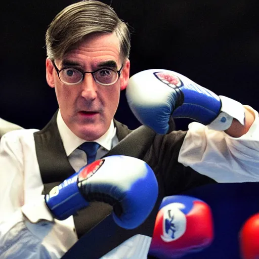 Prompt: Jacob Rees Mogg dressed as a kickboxing, fighting in thailand