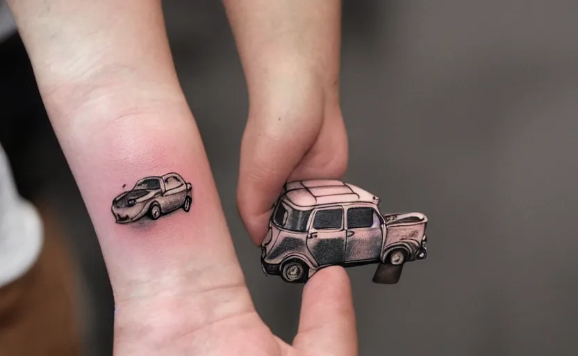 Image similar to handpoke tattoo of a tiny car