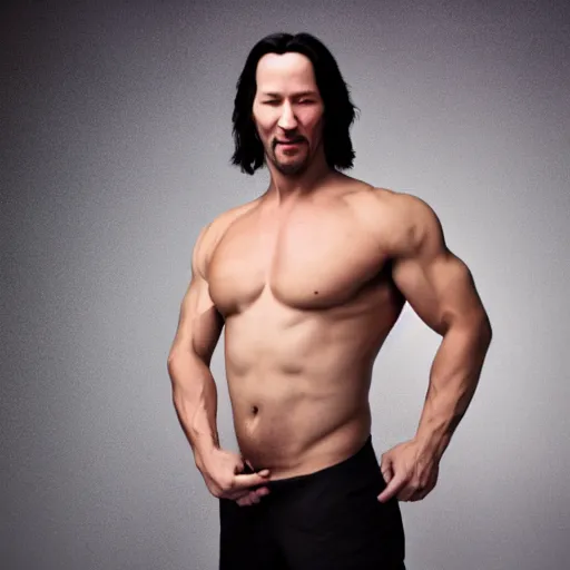 Prompt: photoshoot in the style of annie leibovitz of keanu reeves as a bodybuilder, studio lighting, soft focus, 5 0 mm