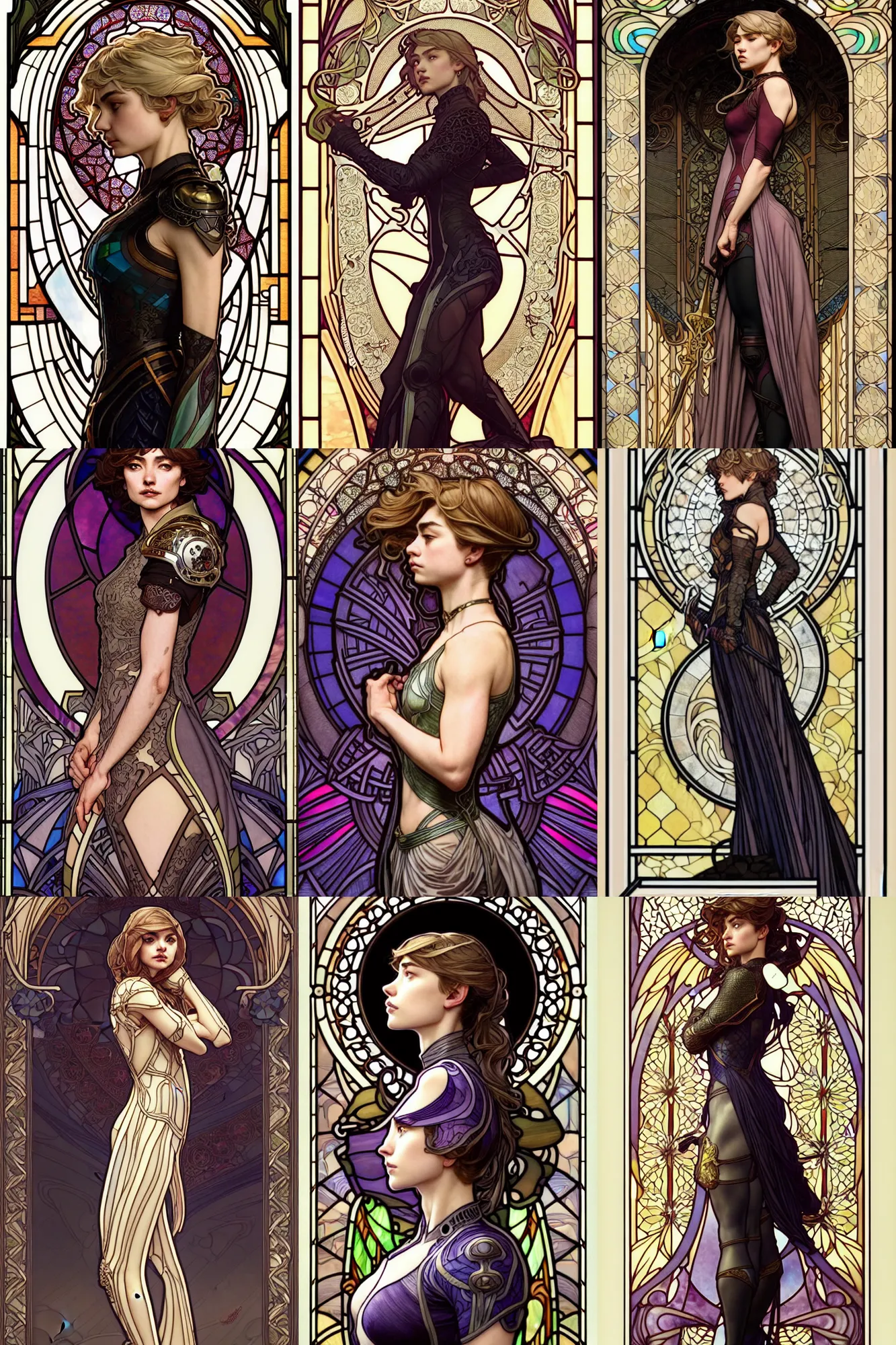 Prompt: full - body side profile portrait, imogen poots paladin, by artgerm, cushart krenz, greg rutkowski. art nouveau neo - gothic stained glass by mucha. elden ring. swirly intricate glass linework background. gaudy colors, sharp edges. ultra clear detailed. 8 k. elegant. octane render