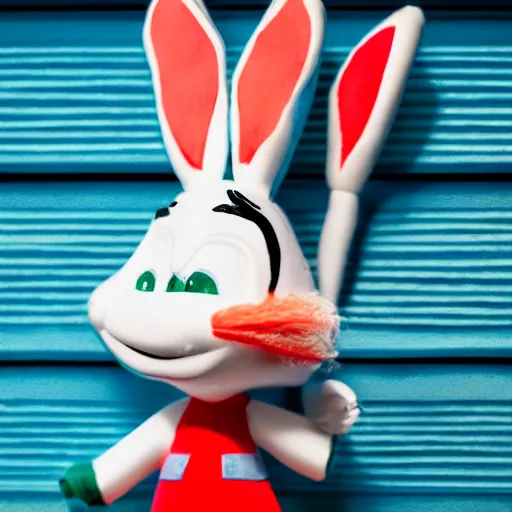 Image similar to photo of a bugs bunny toy sitting infront of a red wall with blue stripes.