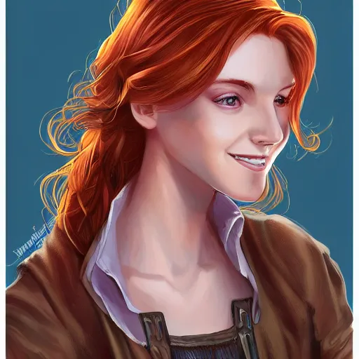 Image similar to a portrait of a young woman with auburn hair, smart, rich, traveling clothes, artist, artistic, shallan davar, blue eyes, beautiful, smiling, thick hair, dnd, rpg, shy, quick witted, artgerm style