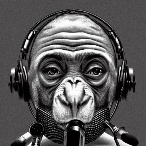 Image similar to Joe Rogan as a half monkey talking into a microphone, single subject, portrait, intricate, highly detailed, concept art, smooth, sharp focus, pencil art