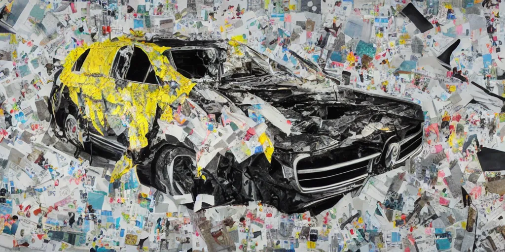 Image similar to car crash test, collage paper and tape, acrylic on canvas, hyperrealism mixed with expressionism, high resolution, cinematic, unreal 6 breathtaking detailed, by blake neubert