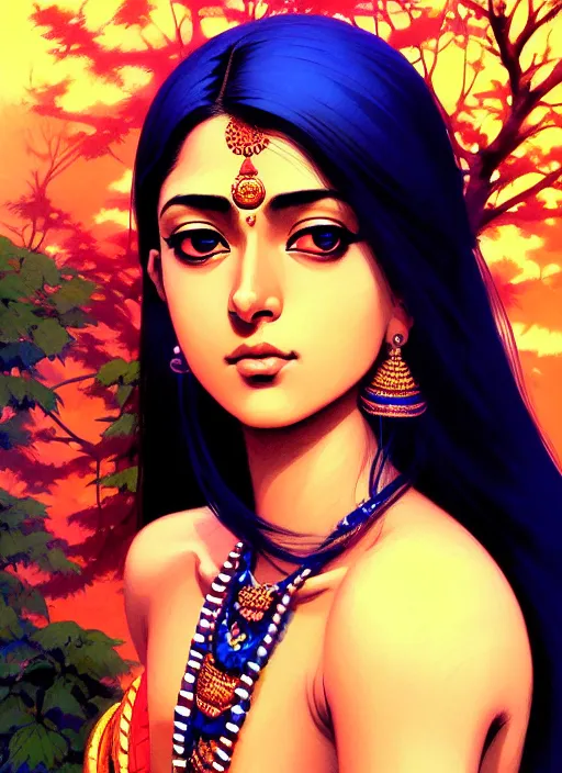 Image similar to a comic portrait of an indian goddess, fine - face, realistic shaded perfect face, fine details. night setting. very anime style. realistic shaded lighting poster by ilya kuvshinov katsuhiro, magali villeneuve, artgerm, jeremy lipkin and michael garmash, rob rey and kentaro miura style, trending on art station