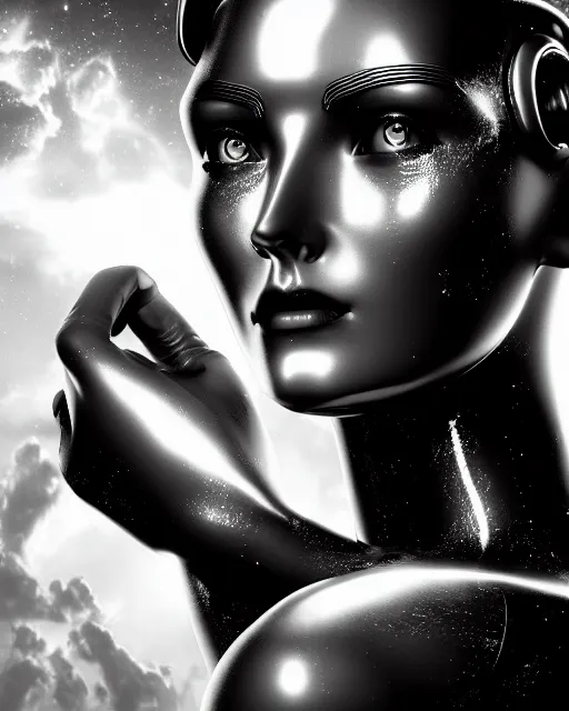 Image similar to dreamy, monochrome, subsurface scattering, white, cyborg goddess in cosmos, black and white, octane render, virgil finlay, highly detailed, rim light, art, cinematic lighting, very coherent, hyper realism, 8 k